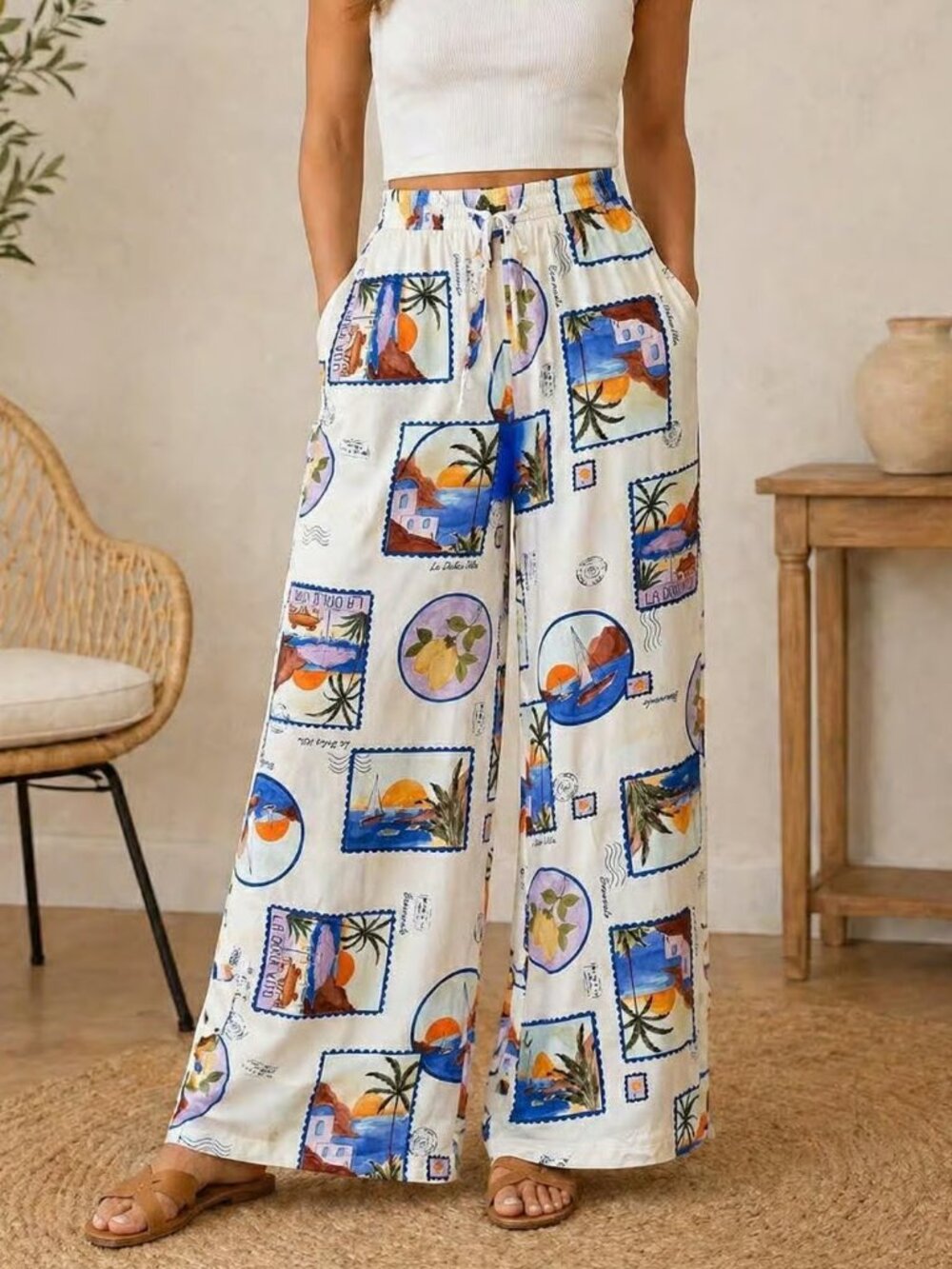 Label of Love La Dolce Vita Mediterranean Print Wide Leg Pants, Size L